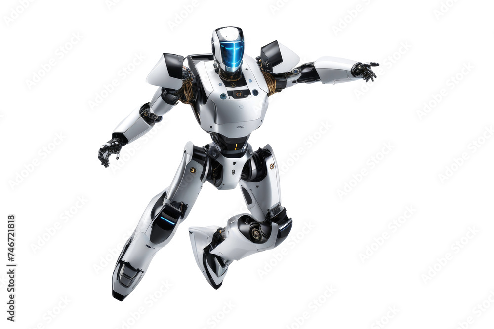 a high quality stock photograph of a single jumping ai robot full body isolated on a white background a high quality stock photograph of a single jumping ai robot full body isolated on a white background