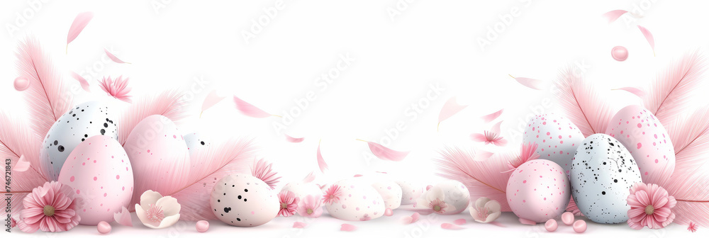Soft pink Easter banner with decorated eggs, feathers and flowers. Copy space