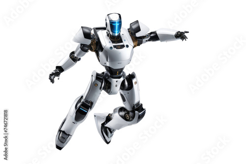 a high quality stock photograph of a single jumping ai robot full body isolated on a white background