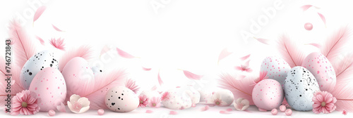 Soft pink Easter banner with decorated eggs, feathers and flowers. Copy space