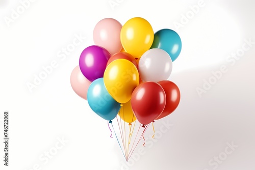 Vibrant birthday balloons arranged on a white background in a mockup style, with ample copy space for customization, captured with the realism of an HD camera