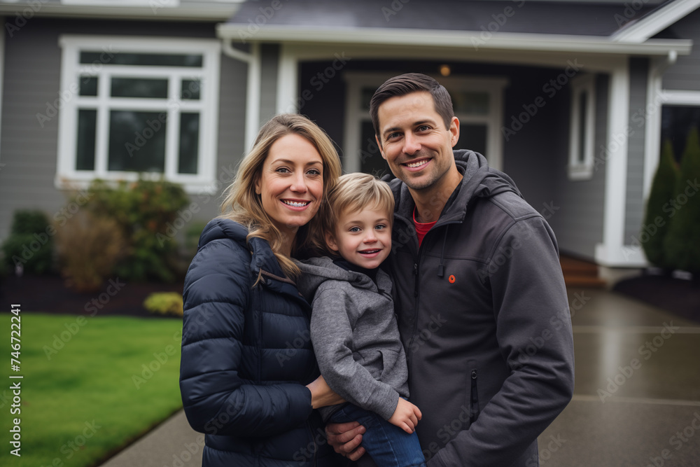 Family in front of newly purchased house, smiling proudly. Home ownership, real estate and a life goal accomplishment. Modern new house with garden.