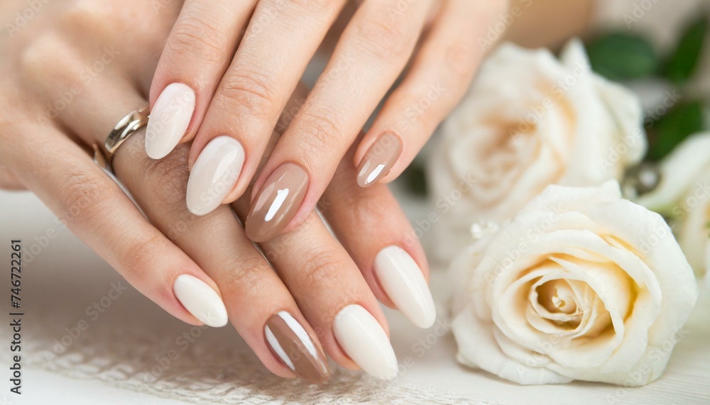 Closeup to woman hands with elegant neutral colors manicure. Beautiful manicure on long almond shaped nails