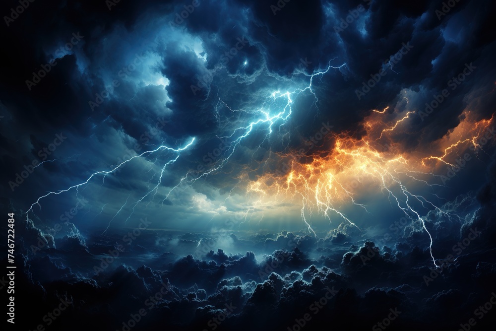 dark blue clouds nastia rain storm lightning clouds, in the style of mysterious backdrops, detailed backgrounds - obrazy, fototapety, plakaty 