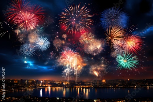 Vibrant and colorful birthday fireworks creating a stunning display against the night sky, captured with the realism and brilliance of an HD camera for a festive atmosphere © CREATER CENTER