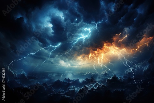 dark blue clouds nastia rain storm lightning clouds, in the style of mysterious backdrops, detailed backgrounds © Smilego