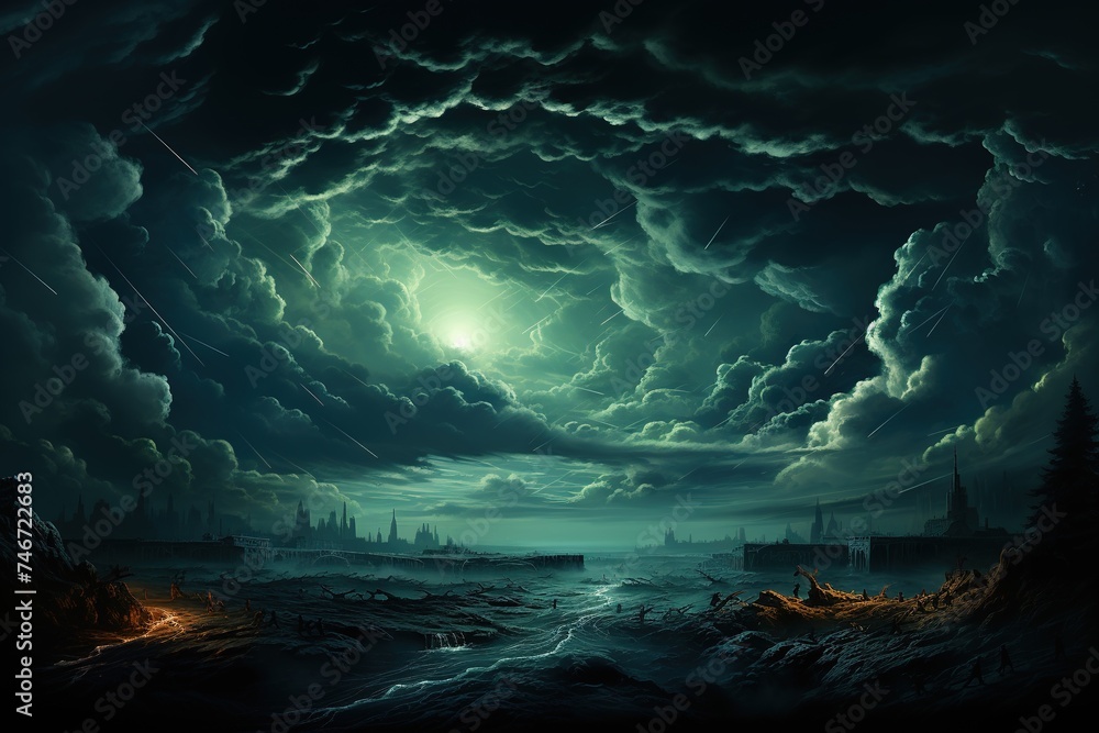 dark cloud cover, dark night time sky, in the style of mysterious backdrops, dark cyan - obrazy, fototapety, plakaty 