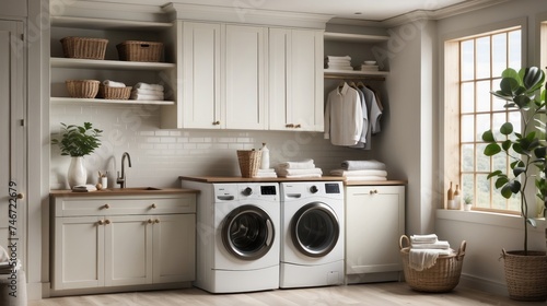 A beautiful laundry room design with top loading washer
