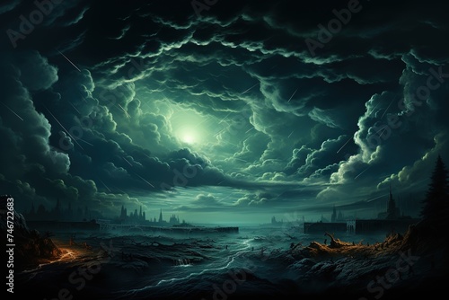 dark cloud cover, dark night time sky, in the style of mysterious backdrops, dark cyan