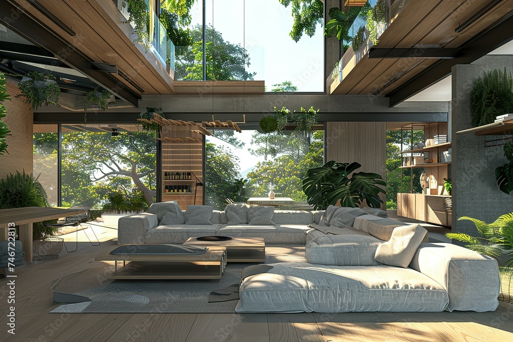 Fototapeta premium Smart Home Control. smart home in a sustainable environment. The concept of the Internet of Things with an image of a smart home, featuring various connected devices and appliances.