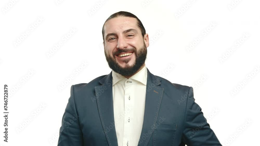 Radiantly happy man in a smart suit with a man bun smiling widely, pure white background enhancing his joyful expression. Perfect for positivity and happiness themes. Camera 8K RAW. Radiantly happy man in a smart suit with a man bun smiling widely, pure white background enhancing his joyful expression. Perfect for positivity and happiness themes. Camera 8K RAW.