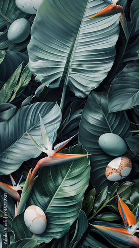Creative green color layout made of tropical leaves and easter eggs. Flat lay. Nature concept.