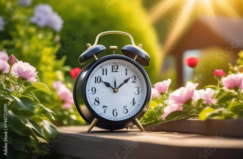Alarm clock standing on the grass, spring Japanese flowers, garden, evening, sun, spring