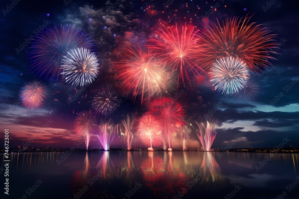 Vibrant and colorful birthday fireworks creating a stunning display against the night sky, captured with the realism and brilliance of an HD camera for a festive atmosphere
