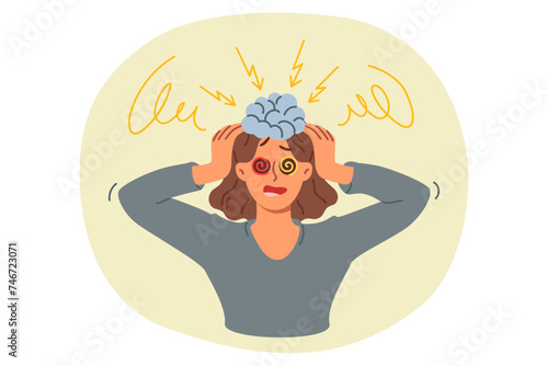 Brain explosion of shocked woman screaming and clutching head due to problems with psychological stability. Brain explosion of girl with hypnotic eyes as metaphor for mental imbalance