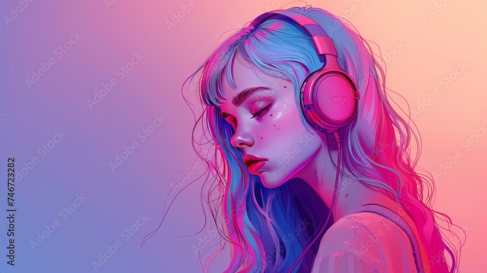 Serene Girl with Headphones in Pink Blue Gradient Digital art of a serene young woman wearing headphones, with blue and pink hair, against a soft pink and blue gradient background.