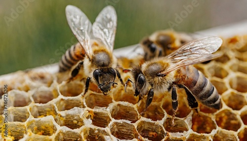 Bees sitting on a honeycomb to collect food, honey and pollen, close-up view © Marko