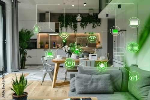 Smart Home Control. smart home in a sustainable environment. The concept of the Internet of Things with an image of a smart home, featuring various connected devices and appliances.