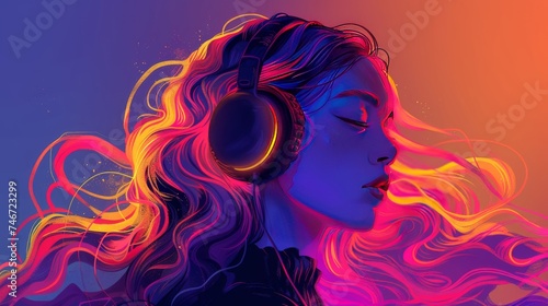 Dreamy Profile of Woman with Flowing Neon Hair A digital artwork capturing the profile of a dreamy woman with flowing neon hair and headphones, set against a warm-toned gradient.