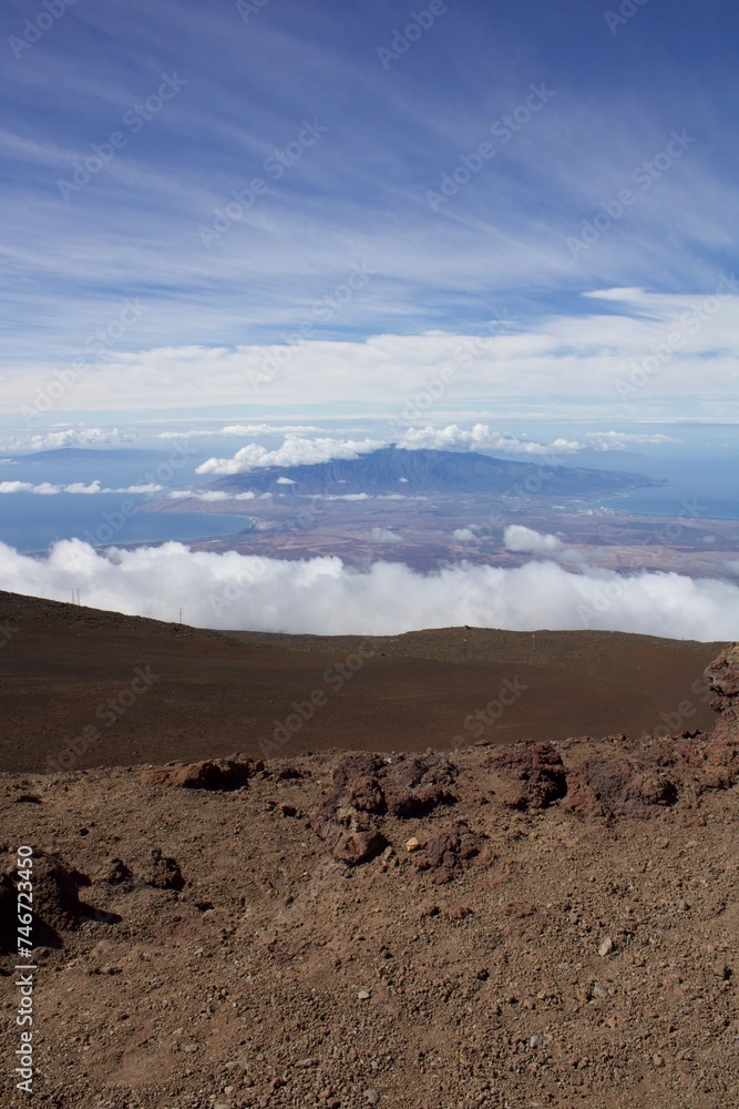 Haleakalā volcanic landscape looking down on the island Maui  