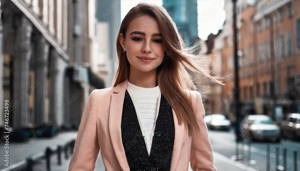 beautiful young stylish girl in fashionable clothes stands against the backdrop of a city street beautiful young stylish girl in fashionable clothes stands against the backdrop of a city street