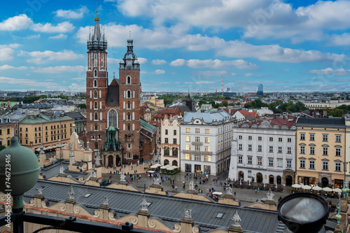 Krakow city center with St. Mary's Basilica from above in Krakow, Poland photo
