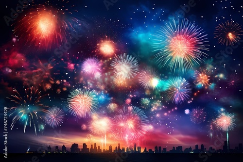 Vibrant and colorful birthday fireworks creating a stunning display against the night sky, captured with the realism and brilliance of an HD camera for a festive atmosphere