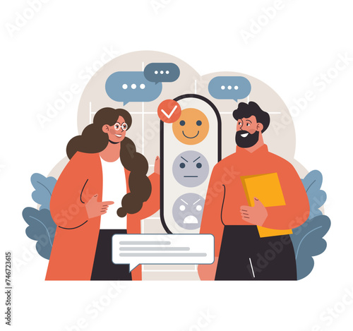 Man and woman from diverse backgrounds evaluate. Flat vector illustration