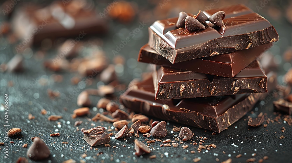 Composition of bars and pieces of different milk and dark chocolate, grated cocoa Composition of bars and pieces of different milk and dark chocolate, grated cocoa