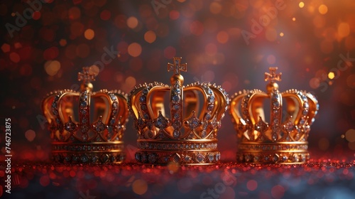 Regal Crowns on Festive Background, Three ornate golden crowns studded with jewels, set against a bokeh-lit backdrop, exuding a royal and festive ambiance