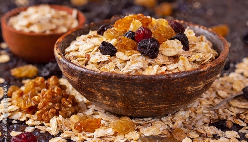 Generated image of muesli with oat flakes and raisin, a healthy balanced food  photo