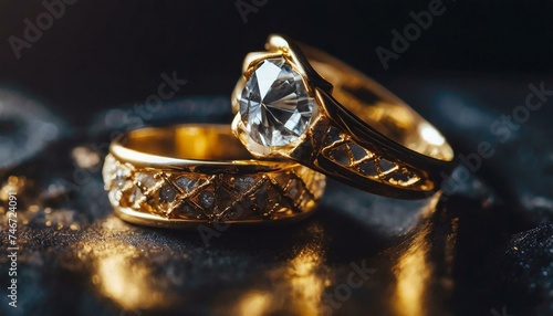 Beautiful gold two rings with a large diamond isolated on dark background, close up view 