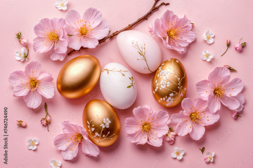 Easter holiday background, golden eggs and cherry blossom branches,Flat lay, copy space