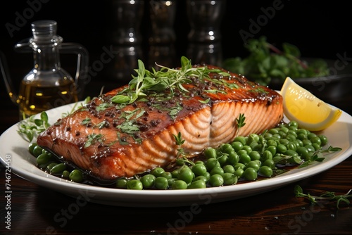 Salmon steak with lemon and peas on a plate.