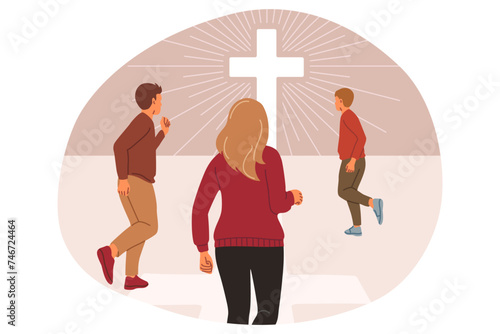 Christian cross glowing in distance near running people wanting to become part of religious community. Christian crucifix emits sun rays attracting many followers and parishioners for church