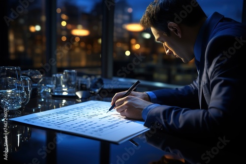 employee hand writing at laptop and filling out checklists, light silver and dark blue, observational photography, commission for, representational, digitally enhanced photo