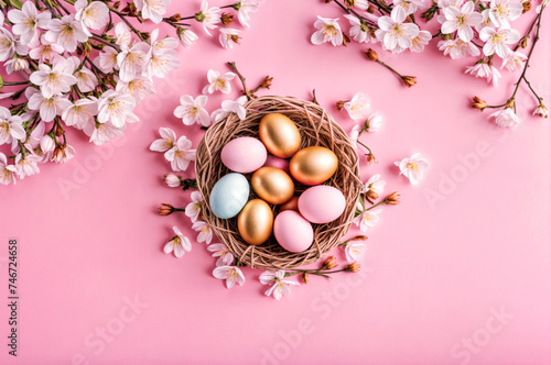 Easter holiday background with nest, eggs, blossoming tree branches,Flat lay, copy space