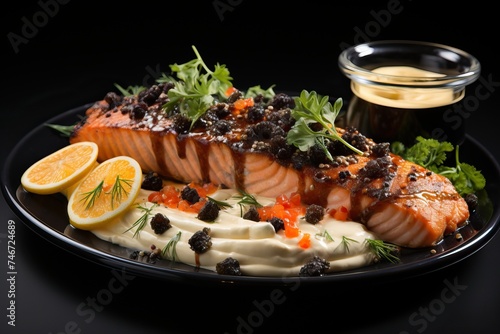 Salmon fillet with blackberry sauce on a black plate.