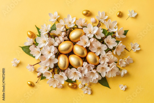 Easter holiday background, golden eggs and cherry blossom branches on a yellow background,Flat lay, copy space