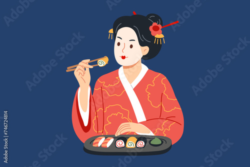 Japanese woman eats sushi with chopsticks, enjoying taste of oriental maki rolls made from rice and fish. Girl in kimono eats traditional sushi dish that allows to stay healthy and beautiful