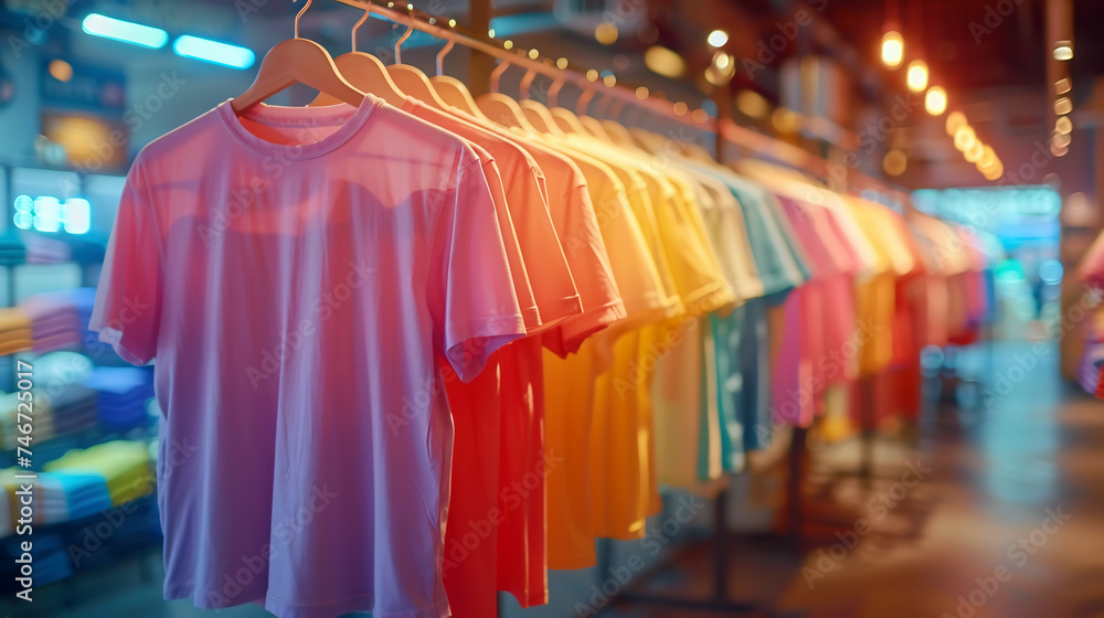 Row of multi colored t-shirts in the clothing store, generative ai