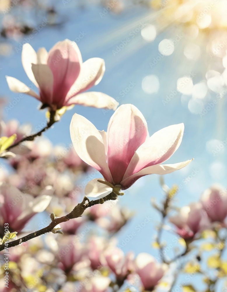 Obraz premium Blooming magnolia tree in the spring sun rays. Selective focus