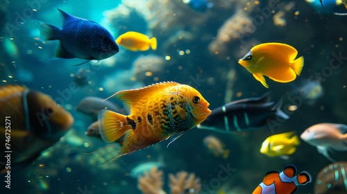 Diverse collection of exotic fish swimming in an aquarium.