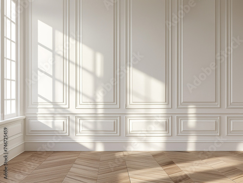 intérieur classique français vide avec des moulures sur des murs blancs