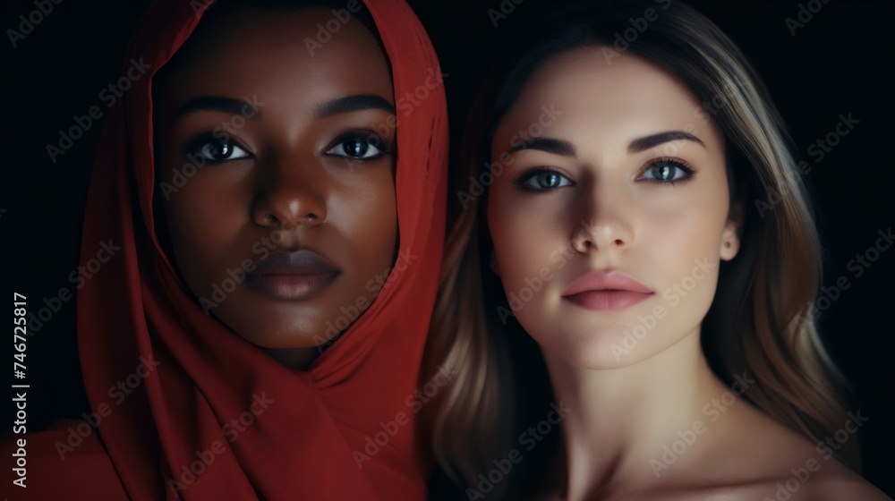 Portrait of Two Women of different ethnicities and cultures side by side together. Ladies of different ages looking at camera while standing together. Strong independent women for women empowerment. Portrait of Two Women of different ethnicities and cultures side by side together. Ladies of different ages looking at camera while standing together. Strong independent women for women empowerment.