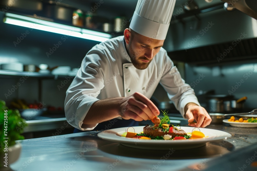 Professional caucasian handsome young chef-cook decorate dish in the kitchen. man in white apron and uniform makes the finishing touch on the dish. culinary, food, restaurant, gourmet concept