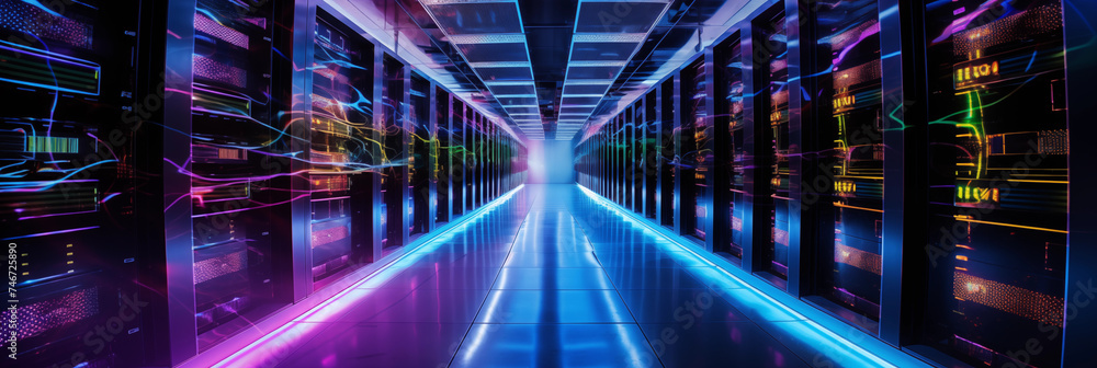 Sophisticated IT Data Center Infrastructure Displaying High-performance Computing Servers and Advanced Network Topology
