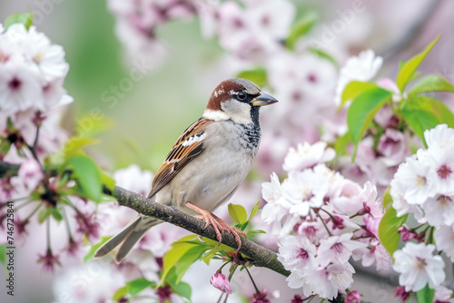 Cute sparrow in spring garden with blossom tree, World Sparrow Day