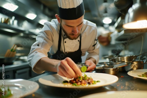 Professional caucasian handsome young chef-cook decorate dish in the kitchen. man in white apron and uniform makes the finishing touch on the dish. culinary  food  restaurant  gourmet concept