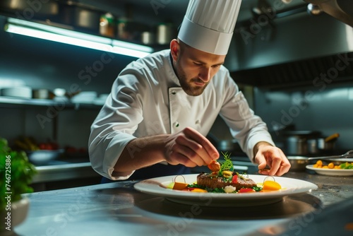 Professional caucasian handsome young chef-cook decorate dish in the kitchen. man in white apron and uniform makes the finishing touch on the dish. culinary, food, restaurant, gourmet concept
